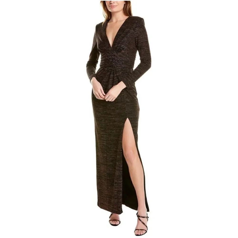 Aidan Mattox Copper V-Neck Gown with Waistband Maxi Dress Long Sleeves